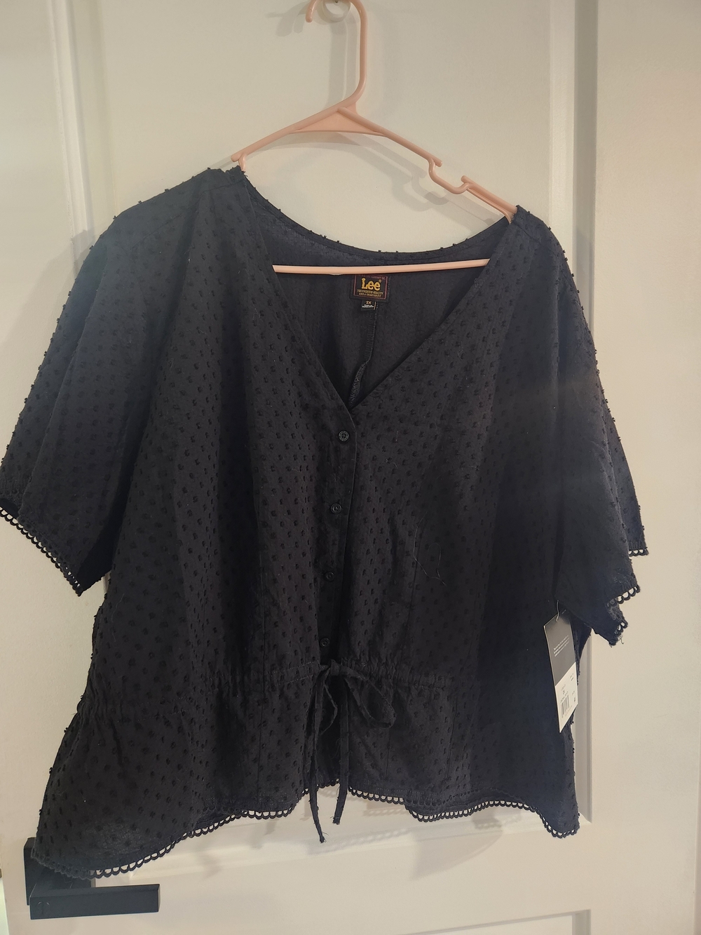 Lee Black Swiss-Dot Button Front Peplum Blouse